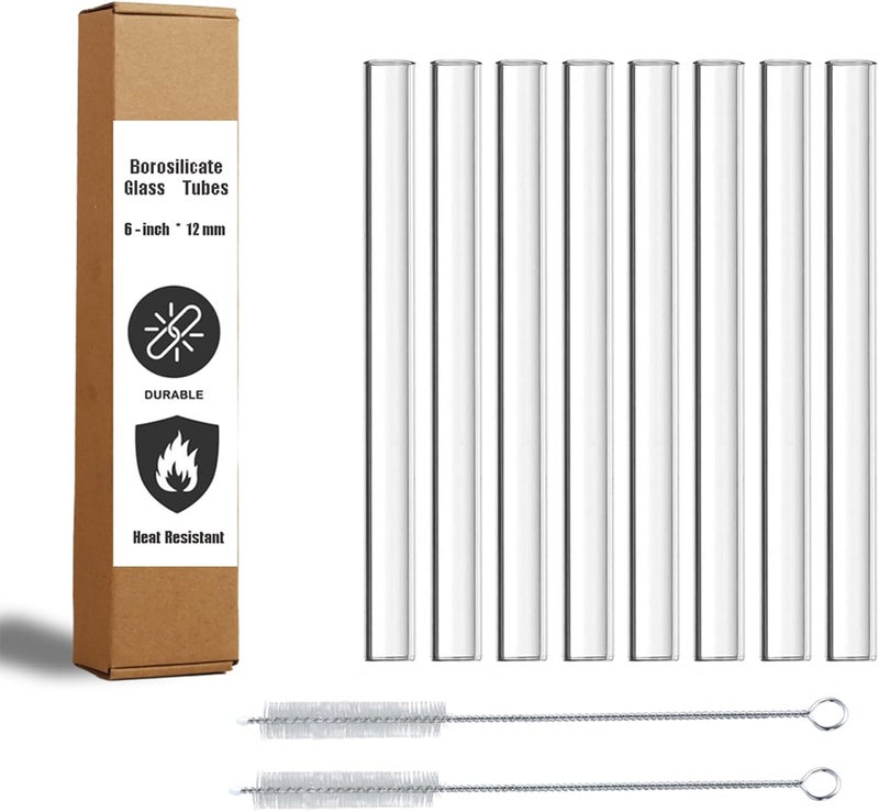 LIFEHIM 6-Inch Borosilicate Glass Tube, 12mm OD x 2mm Thick, Clear Glass Tubes for Lab, DIY, Art, Science Experiments, 8-Pack with 2 Brushes, Heat-Resistant, Safe for Blowing, Crafting - Image 1